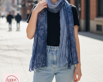 Mori Pleated Cotton Linen Scarf | Women’s Artistic Solid Color Paisley Stitch Thin Lightweight Scarf