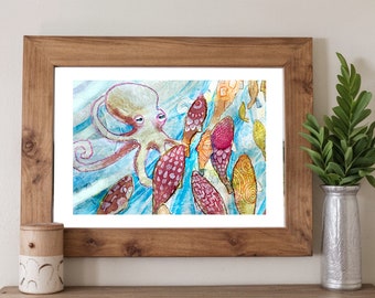 Watercolor Octopus Print | Oil Painting Print of Fish Swimming with Octopus Marine Symphony