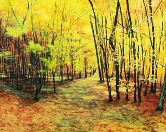 Dipinto ad olio originale raffigurante una foresta autunnale dorata - Arte murale con paesaggio boschivo