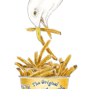 Seagull  french fries at the beach-watercolor print- Maryland-Delaware- summer vacation
