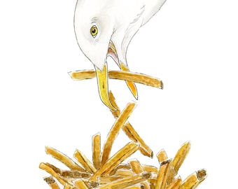 Seagull  french fries at the beach-watercolor print- Maryland-Delaware- summer vacation