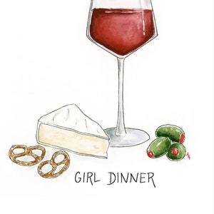 Girl Dinner- Wine and cheese- cute art print