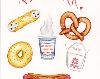 May include: A watercolor illustration of New York City food items, including a pretzel, a cannoli, a bagel, a hot dog, a takeout container, and a coffee cup with the text "We are happy to serve you".