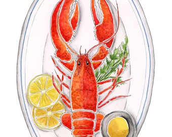 Lobster dinner- Seafood lovers kitchen art Watercolor print