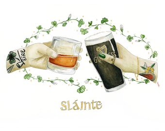 Irish pub- slainte- Guinness and Jameson watercolor print