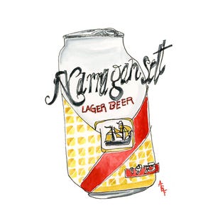 Narragansett beer - blind contour- watercolor print