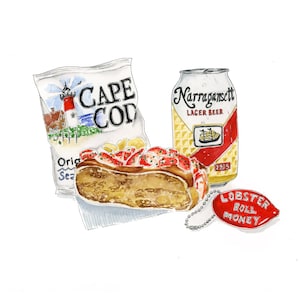 May include: A red and white lobster roll money keychain, a can of Narragansett Lager Beer, and a bag of Cape Cod Original Sea Salt potato chips. The lobster roll is on a white napkin.
