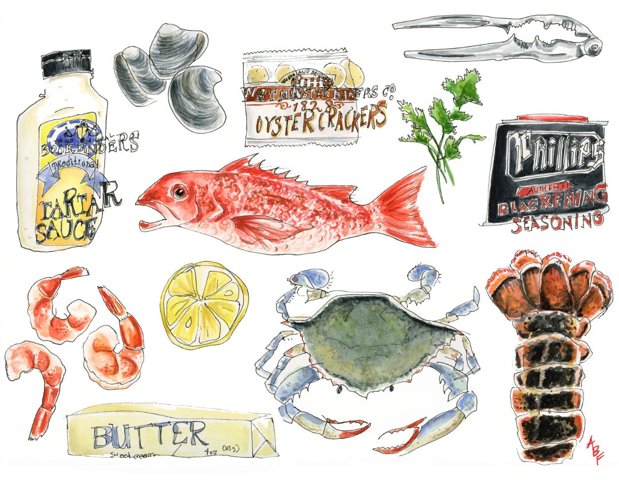 Seafood Market- blind contour print