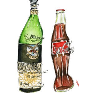 May include: Watercolor illustration of two bottles: Fernet-Branca and Coca-Cola. The Fernet-Branca bottle is green and black with Italian text. The Coca-Cola bottle is brown with a red label. Both bottles have handwritten script around them.
