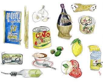 Italian market blind contour watercolor print