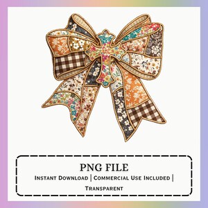 May include: A decorative bow with a patchwork design featuring floral and gingham patterns in shades of brown, orange, and blue. The bow has a gold trim and a cross-shaped center. The image includes the text "PNG FILE" and "INSTANT DOWNLOAD | COMMERCIAL USE INCLUDED | TRANSPARENT".