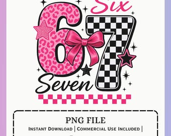 Six Seven PNG | Retro Numbers Clipart, Pink Bow Leopard 6 & Checkered 7 Birthday Graphic