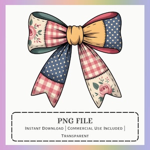 Könnte beinhalten: Eine dekorative Schleife mit einem Patchwork-Design mit Blumen-, Tupfen- und Vichy-Mustern in Rosa, Blau und Gelb. Die Schleife hat einen zentralen Knoten und ist als PNG-Datei mit sofortigem Download und kommerzieller Nutzung gekennzeichnet.
