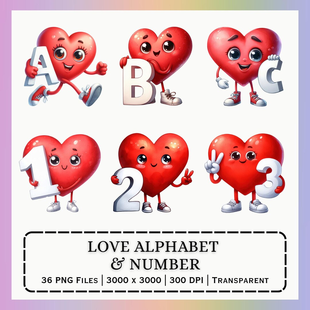 Love Alphabet Letters Numbers A–Z 0–9 | Romantic Heart PNG Set for ...