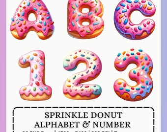 May include: A digital illustration of donuts shaped as the letters A, B, and C, and the numbers 1, 2, and 3. Each donut is pink with colorful sprinkles. The image includes the text "SPRINKLE DONUT ALPHABET & NUMBER".