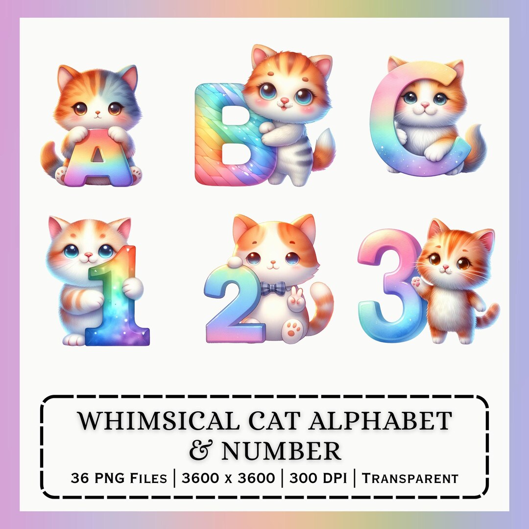 Whimsical Cat Alphabet PNG Bundle | A to Z Letters Numbers 0 to 9 ...