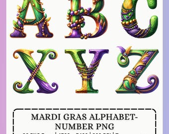 May include: A vibrant illustration of the alphabet, featuring letters A, B, C, X, Y, and Z. Each letter is adorned with green, gold, and purple embellishments, resembling Mardi Gras decorations. The image includes the text "MARDI GRAS ALPHABET-NUMBER PNG".