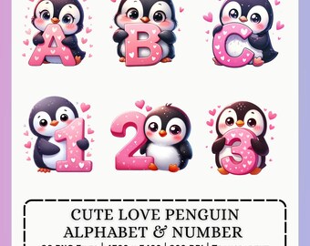 Love Penguin Alphabet PNG | Valentine Letters Numbers A to Z Set Instant Download