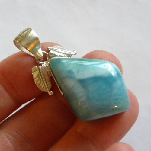 Larimar Pendant Handmade Pendant Natural Blue Dominican Larimar Gemstone 1 1/2" Sterling Silver Pendant Blue Larimar Jewelry Free Shipping