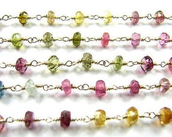 Tourmaline Chain Beads Sold by the Foot Gold Vermeil Wire 3.5mm Faceted Semiprecious Gemstones Multi Color Tourmaline Jewelry Supplies