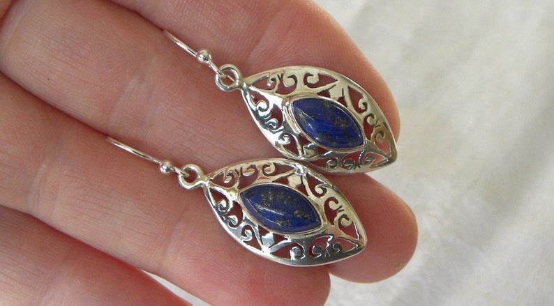 Blue Lapis Earrings Handmade Lapis Lazuli Earrings Semiprecious Gemstone 1 14 Sterling Silver Earrings Get 20/% Off Lapis Lazuli Jewelry