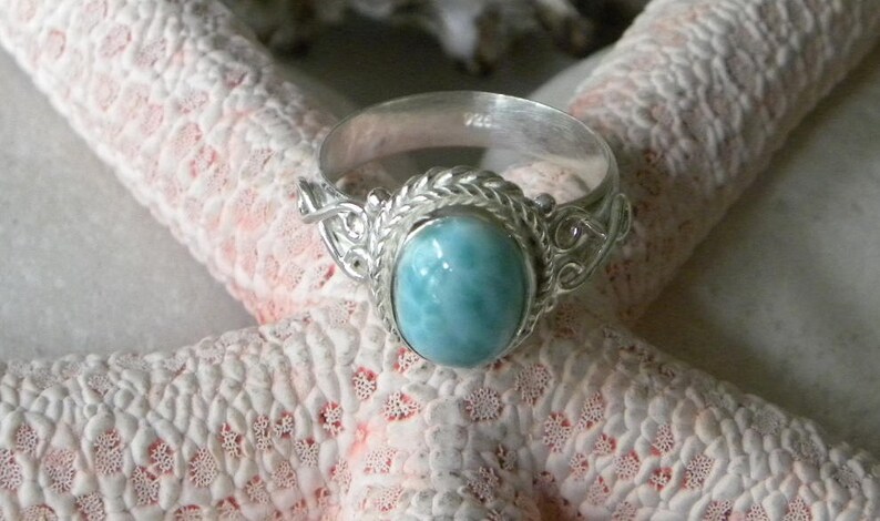 Larimar Ring Handmade Ring Natural Dominican Blue Larimar 8x10mm Blue Gemstone Solid Sterling Silver Ring Size 6 12 Blue Larimar Jewelry
