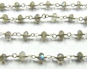 Labradorite Rosary Chain 12 to 18 Feet Rainbow Blue Sterling Silver Wire Strand 5-6mm Semiprecious Faceted Gemstone Beads Jewelry Supply