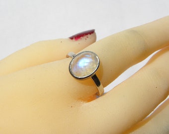 Moonstone Ring Handmade Ring Rainbow Moonstone Flash 11x9mm Gemstone Ring Sterling Silver Size 9 1/2 Blue Moonstone Jewelry FREE Shipping