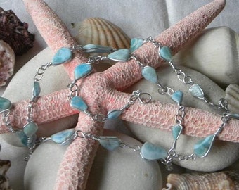 Larimar Bracelet Handmade Dominican Sky Blue Wire Wrapped Cabochons 6 1/2 to 8" Sterling Silver Gemstone Blue Larimar Jewelry USA Seller
