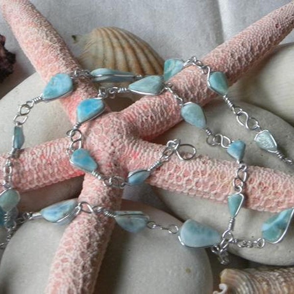 Larimar Bracelet Handmade Dominican Sky Blue Wire Wrapped Cabochons 6 1/2 - 8" Sterling Silver Semiprecious Gemstone Blue Larimar Jewelry