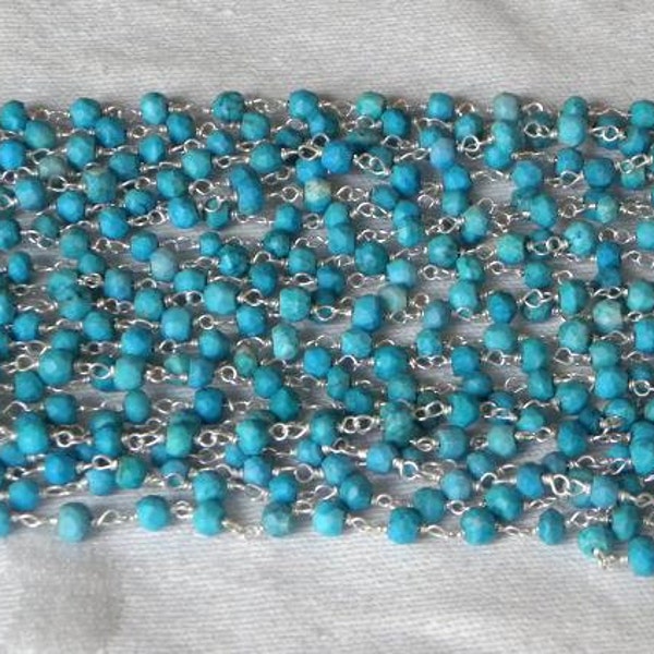 Turquoise Rosary Chain Beads 1 1/2 Ft Sterling Silver Wire Chain 3.5mm Faceted Semiprecious Gemstone Blue Turquoise Jewelry Craft Supplies