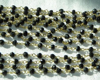 Spinel Rosary Chain Sold By the Foot Gold Vermeil Chain 3.5mm Semiprecious Faceted Gemstone Beads Black Spinal Jewelry Supply Free Shipping