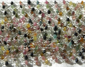 Tourmaline Rosary Chain Beads Sold by the Foot Sterling Silver Wire 3.5mm Beads Faceted Semiprecious Watermelon Gemstones Jewelry Supplies