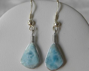 Larimar Earrings Handmade Natural Dominican Blue Cabochons 1" Sterling Silver Blue Real Semiprecious Gemstone  Women's Larimar Jewelry Sale