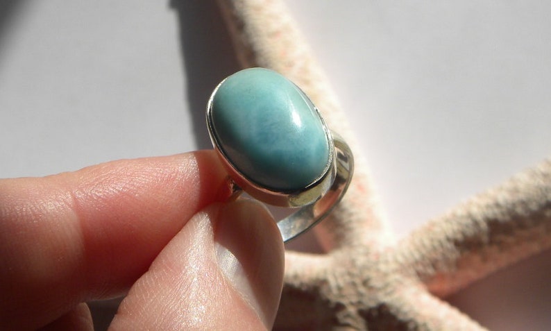 Larimar Ring Handmade Ring OOAK Natural Dominican 19x12mm Blue Gemstone Sterling Silver Ring Size 7 Blue Larimar Jewelry Free Shipping