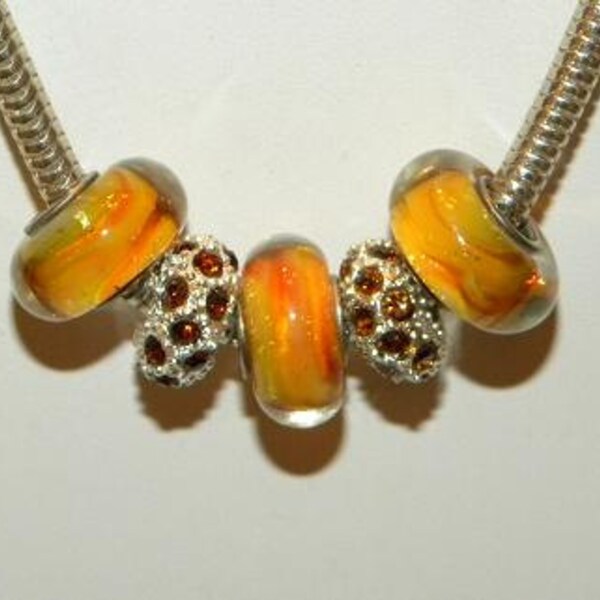 European Style Bead Set 5 Amber and Sunset Silver Charms fit all DIY European Bracelets Fall Colors