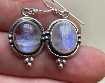 Genuine Rainbow Moonstone Dangling Earrings 925 Silver 1 Inch Long Moonstone Jewelry