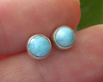 Handmade Larimar Stud Earrings, 5mm Sterling Silver, Dominican Republic Blue Stone