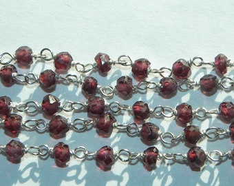 Garnet Rosary Chain Sold by the Foot Sterling Silver Wire 3.5-4mm Semiprecious Faceted Gemstone Beads Red Garnet Jewelry Craft Supplies