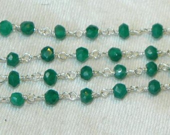 Green Onyx Rosary Chain 9 to 18 Inches Sterling Silver Wire Chain 3 to 3.5mm Emerald Green Gemstone Bead Chain Green Emerald Jewelry Supply