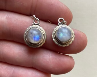 Genuine Rainbow Moonstone Dangling Earrings 925 Silver 1" Long Moonstone Jewelry