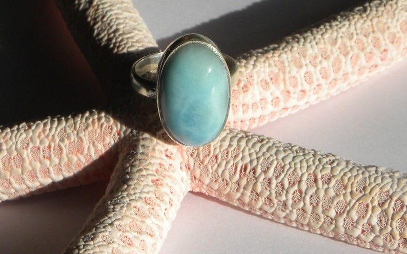 Larimar Ring Handmade Ring OOAK Natural Dominican 19x12mm Blue Gemstone Sterling Silver Ring Size 7 Blue Larimar Jewelry Free Shipping