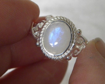 Moonstone Ring Handmade Ring Blue Flash 10x8mm Natural Gemstone Ring Sterling Silver Size 10 1/2 to Size 12  Rainbow Blue Moonstone Jewelry