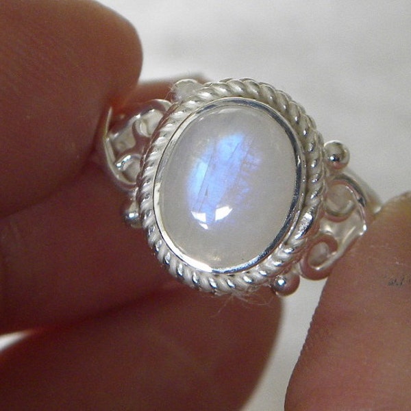 Moonstone Ring Handmade Ring Blue Flash 10x8mm Natural Gemstone Ring Sterling Silver Size 10 1/2 to Size 12  Rainbow Blue Moonstone Jewelry