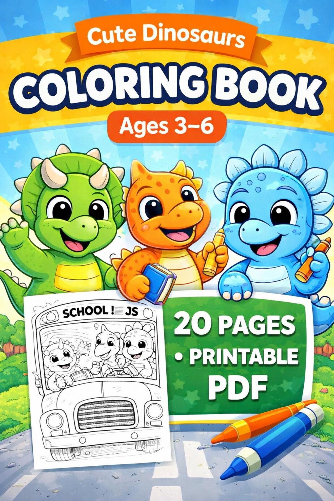 Cute Dinosaurs Coloring Book for Kids Ages 3–6 | Printable PDF - Etsy