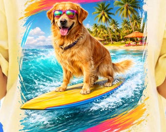 May include: A pale yellow t-shirt featuring a graphic of a golden retriever wearing pink sunglasses while surfing on a yellow surfboard. The background shows ocean waves, palm trees, and a beach. The design is framed by colorful brushstrokes.