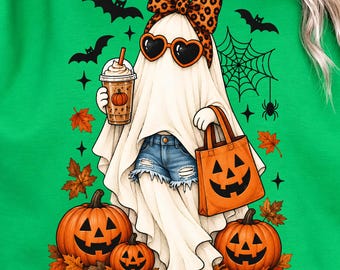 Ghost Leopard Bow Png, Iced Coffee Halloween Design, Spooky Fall Ghost, Leopard Print Bow Halloween, Trendy Autumn Sublimation