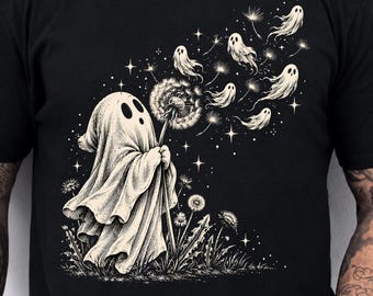 Ghost Blowing Dandelion Png, Spooky Halloween Ghost Wish Png, Cute Dandelion Wishes Halloween, Whimsical Ghost Sublimation Download