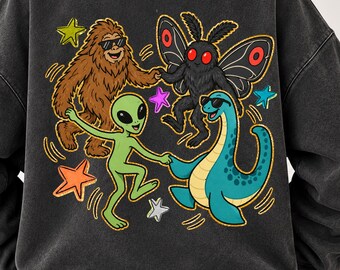 Cryptid Dancing Squad PNG, Bigfoot Mothman Alien Nessie Sublimation, Dancing Cryptids Holding Hands in Circle, Halloween Digital Download