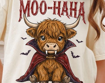 Moo Ha Ha Highland Cow Halloween PNG, Vampyrko Rolig Halloween Design, Highland Cattle Spooky T-shirt, Gårddjur Humor